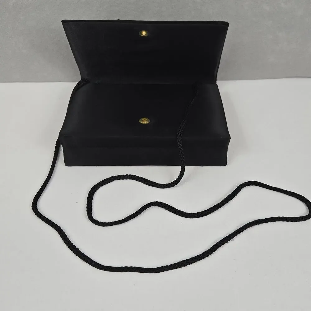 Black Beaded & Satin Square Snap Closure Clutch Purse with Corded Shoulder Strap
